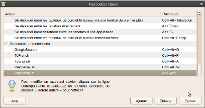 Fenêtre raccourcis clavier